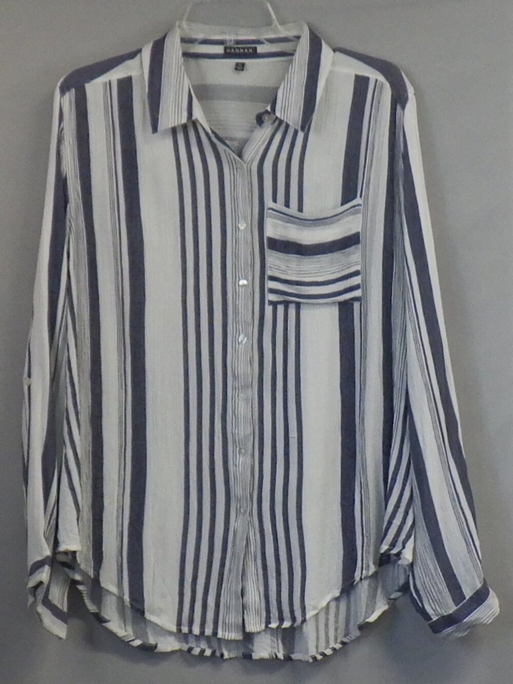 Hannah Vertical Multi Striped Roll Tab Button Down Shirt   A664